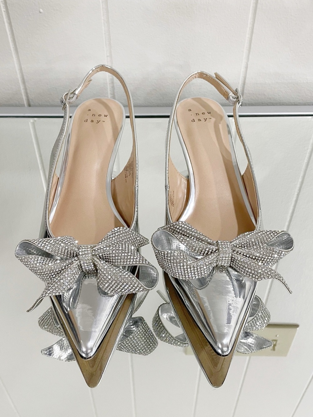 Silver Pointed Slingback Kitten Heels with Crystal Bow